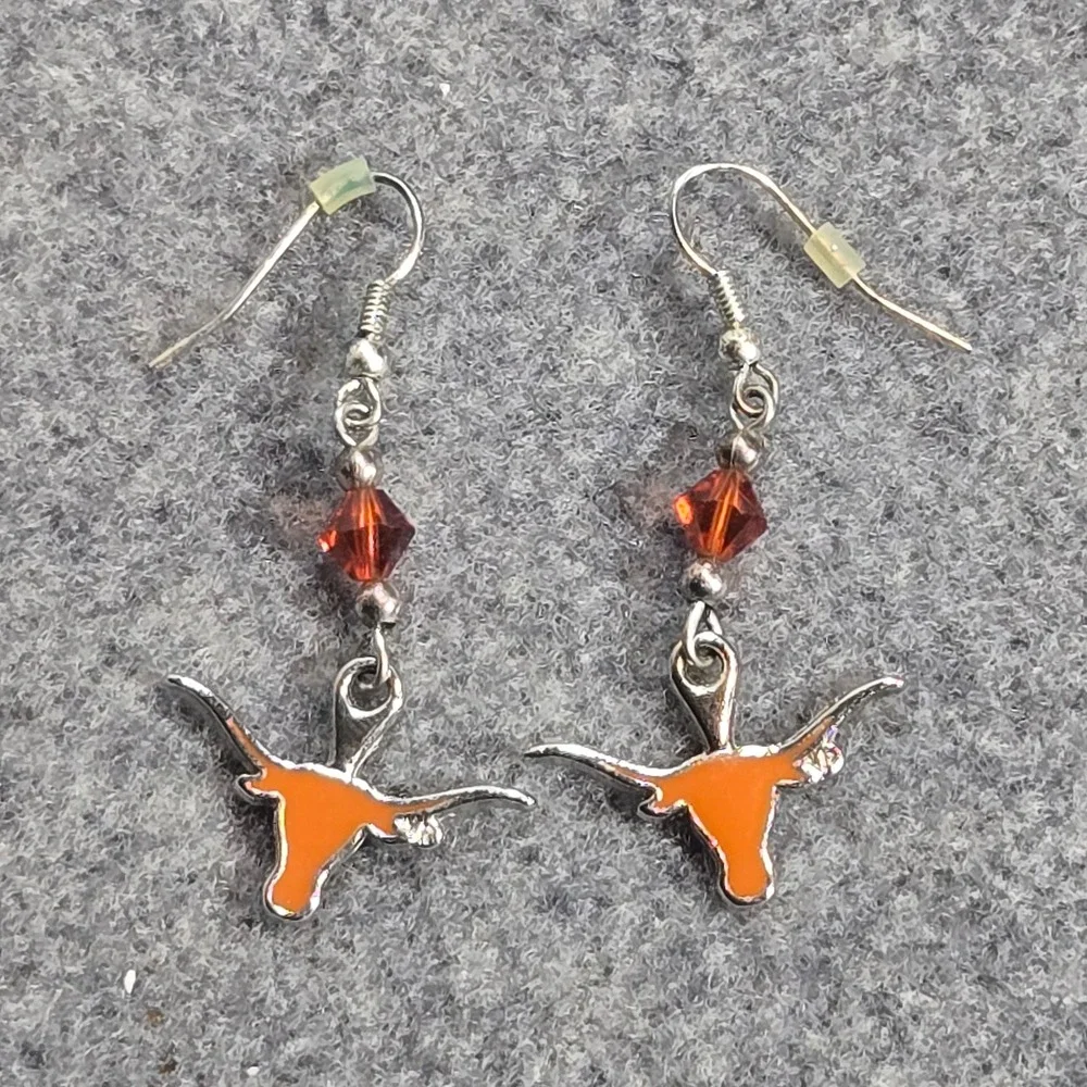 Texas Longhorns NCAA Dangle Earrings Orange Enamel Crystal Silver Tone Fan Gear